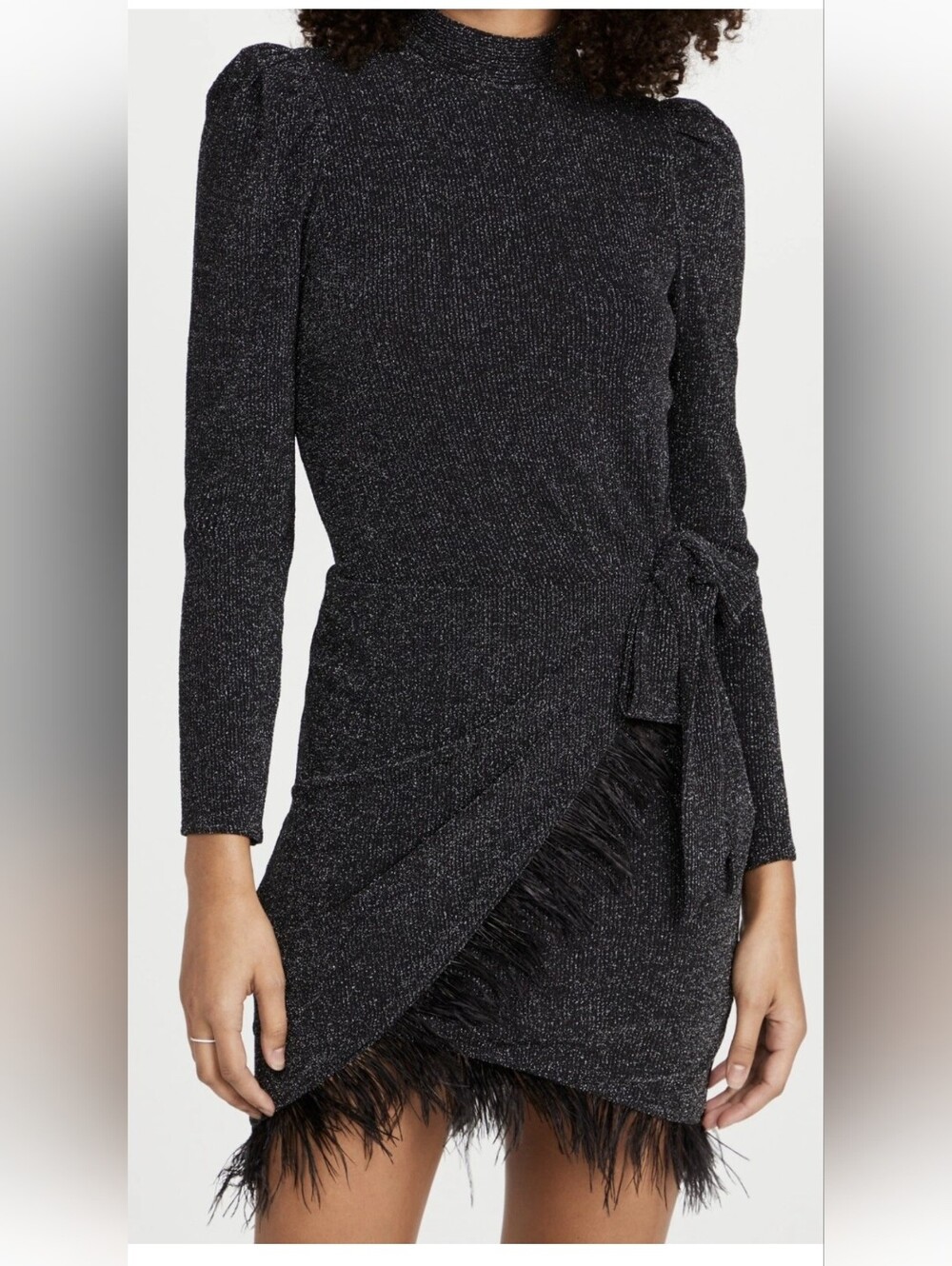 Saylor NYC Quin Black Metallic Glitter Mini Dress Ostrich Feather Trim L Party